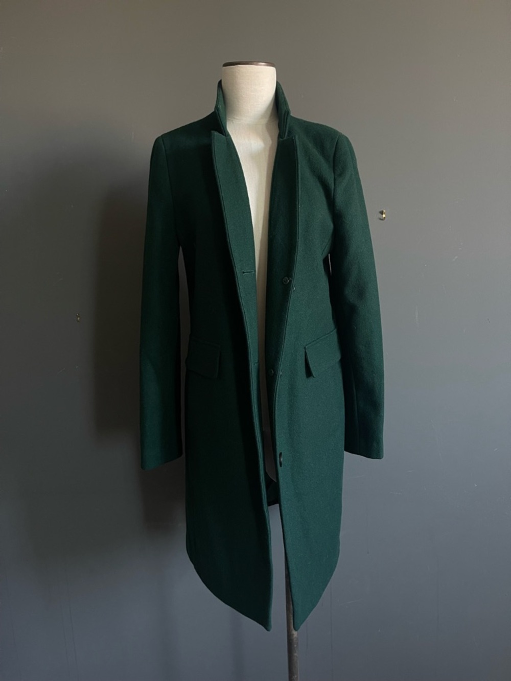 DKNY Wool Blend Long Coat Forest Green Minimalist Tailored Capsule Timeless Chic